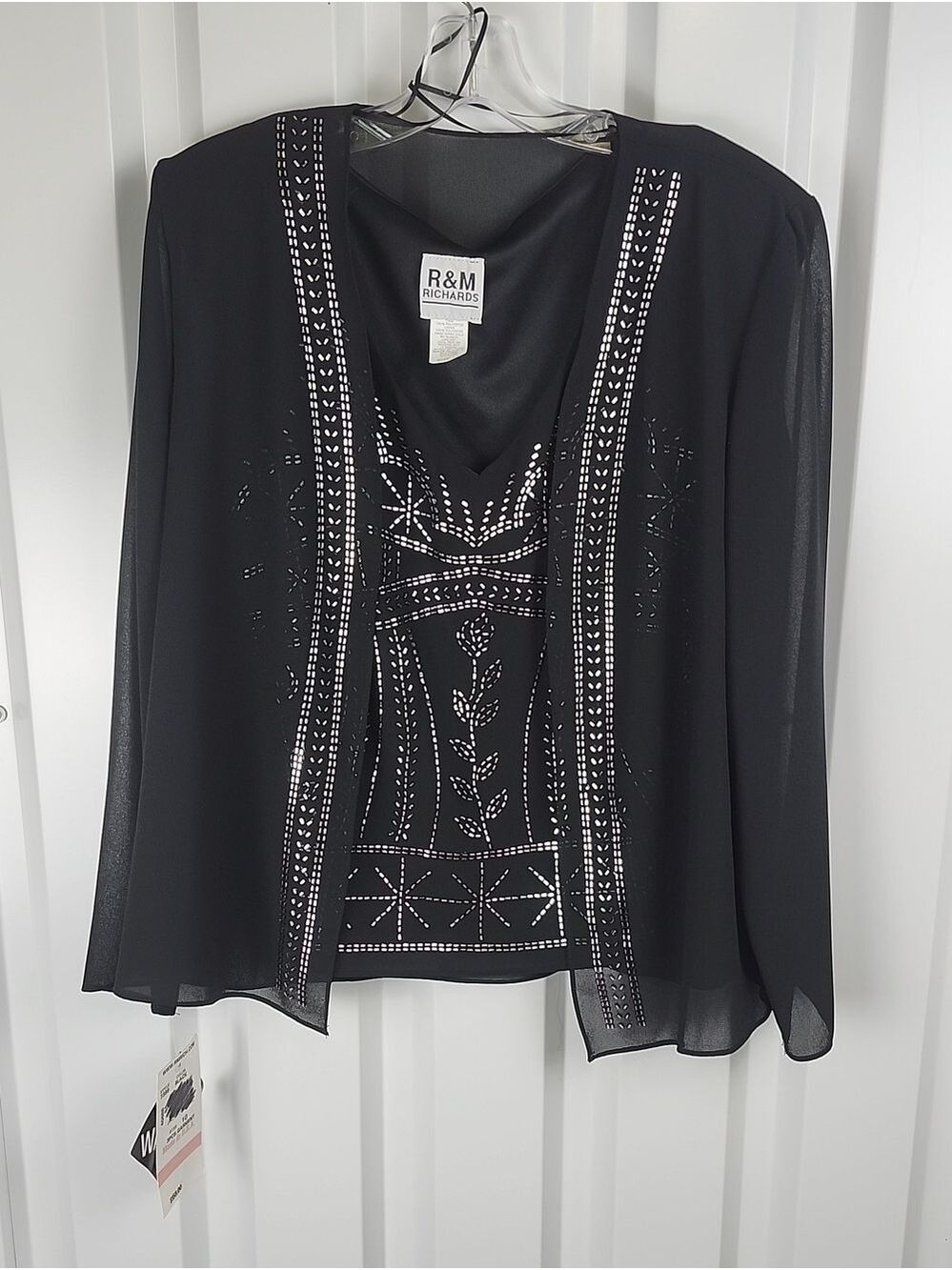 R&M Richards Black Chiffon Evening Jacket Top Set Silver Stud Detail Size 10 NWT